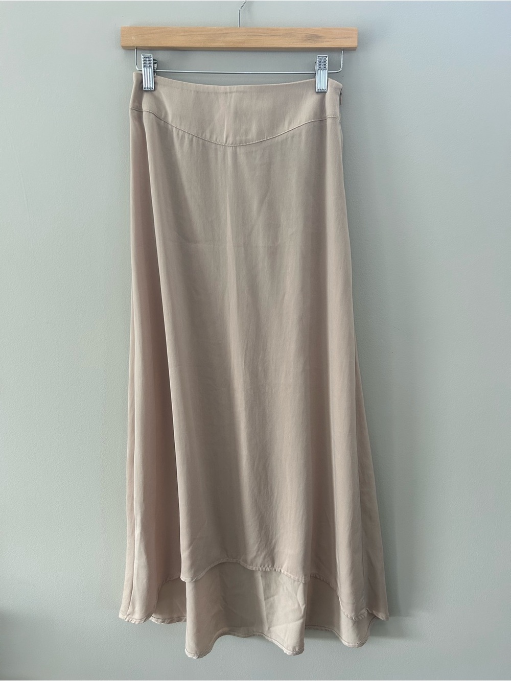 Oak + Fort Satin Asymmetrical Nude Beige Lightweight High Waisted Midi Skirt - Picture 2 of 5